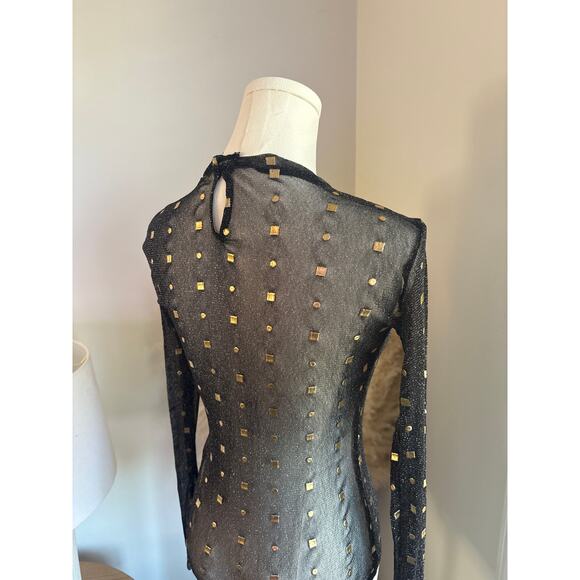 Lulus Rooftop Party Black Mesh Bodysuit Top Small Gold Embellished Long Sleeve - Picture 10 of 11